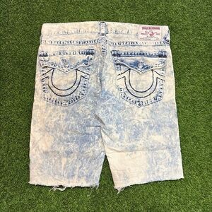 True Religion Acid Wash Denim Shorts - Light Blue & White 36